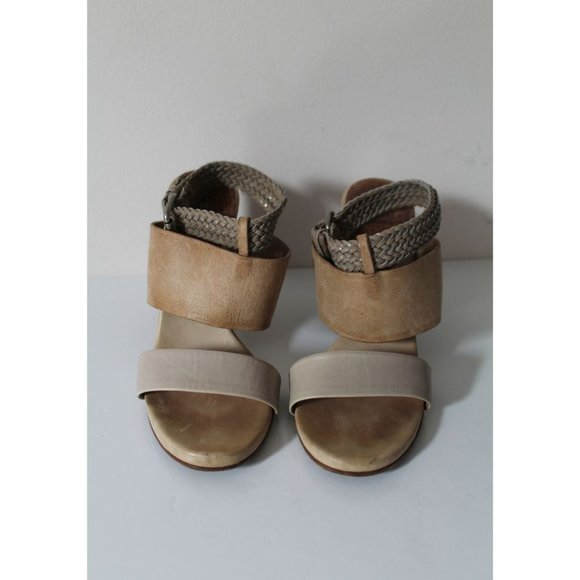 Brunello Cucinelli Tan Pebbled & Braided Leather Block Heeled Sandals Size US 6 - Picture 3 of 13